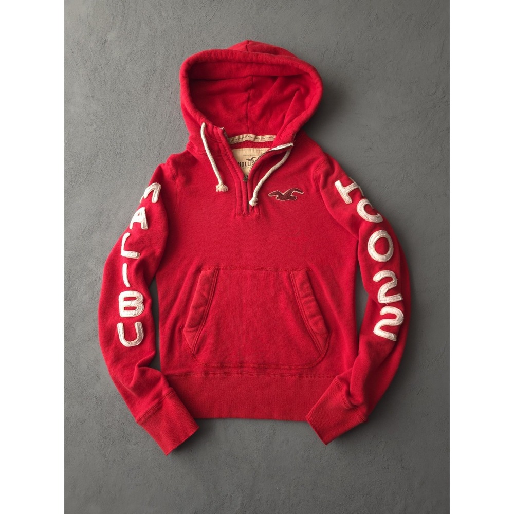 2000s Hollister Malibu California Red Quarter-Zip Hoodie Sweatshirt M Slim Fit